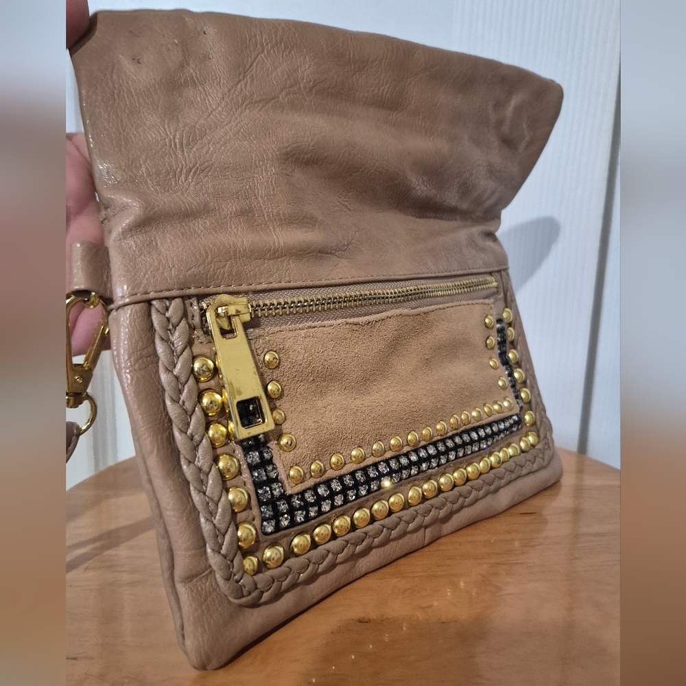 Cache Tan Leather Gold Beaded Rhinestone Wristlet - Picture 7 of 14